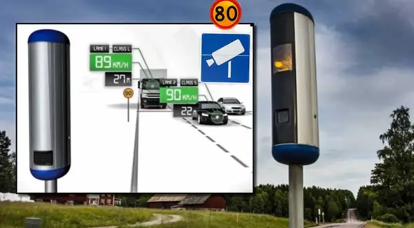 En fartkamera visar hastigheter och avstånd för fordon. En illustration visar hur fartkameran mäter hastighet och avstånd.