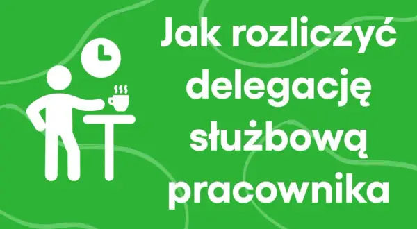 Jak rozliczyć delegację służbową pracownika? Ikona zegara i pracownika przy stoliku z kawą.