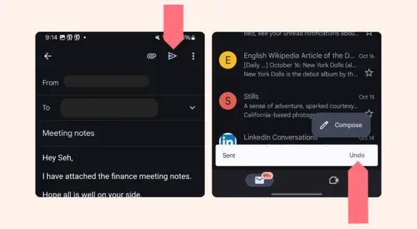 Comment rappeler un mail sur Gmail : l'option "Annuler" apparaît brièvement après l'envoi.