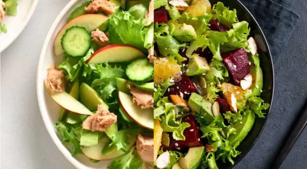 Dos ensaladas vibrantes: una con aguacate, remolacha y naranja, y otra con lechuga, manzana, pepino y atún.