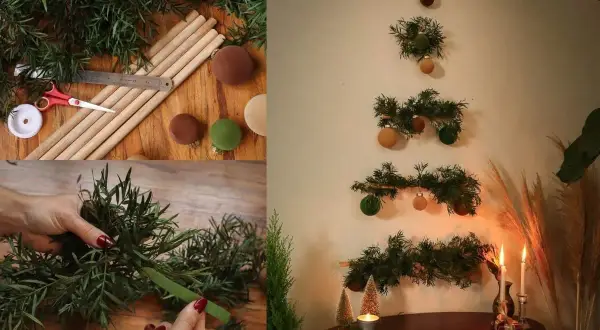 DIY julgrans inspo: gröna grenar, träpinnar och fluffiga bollar skapar en unik vägggran.