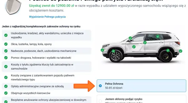 Pełna ochrona samochodu kosztuje 50.85 zł dziennie, obejmuje uszkodzenia, kradzież, pomoc drogową i inne.