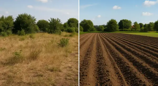 Due diversi tipi di terreni: un campo incolto con erba secca e un campo arato con solchi ordinati, pronti per la semina.