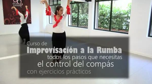 Mujer bailando flamenco con falda negra y blusa de lunares rojos. Aprende el ritmo de rumba flamenca y el control del compás.