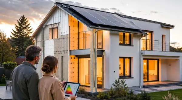 Coppia valuta l'efficienza energetica di una casa con pannelli solari, pensando all'obbligo cappotto termico 2030.