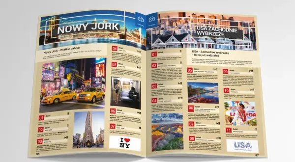 Otwarta broszura z mapami i zdjęciami Nowego Jorku i Zachodniego Wybrzeża USA.