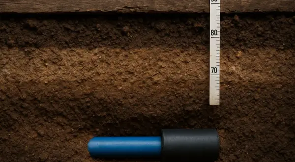 Przekrój gleby z widocznym przyłączem wody, rurką i miarką wskazującą głębokość 70-90 cm.