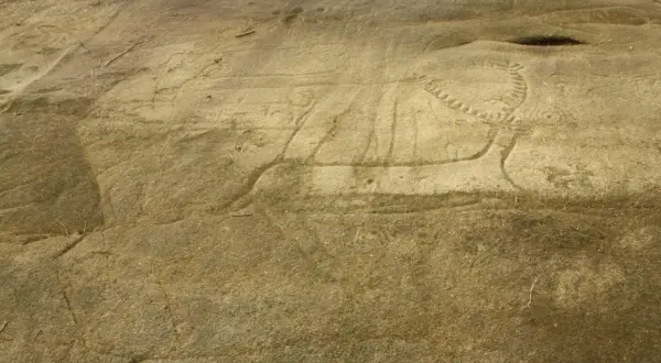 Grabados rupestres en el **campo lameiro**, con figuras de animales y círculos concéntricos, testigos de un pasado ancestral.