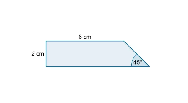 Trapez prostokątny o wysokości 2 cm, górnej podstawie 6 cm i kącie 45 stopni.