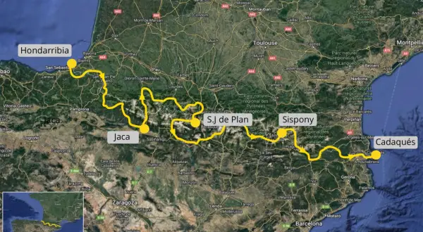 Mapa de la ruta transpirenaica, con puntos clave como Hondarribia, Jaca, S.J de Plan, Sispony y Cadaqués.