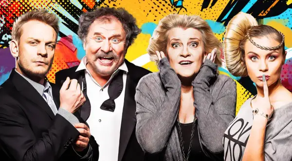 Świat według Kiepskich obsada: Ferdynand, Halina, Boczek i Mariolka w kolorowym, komiksowym stylu.