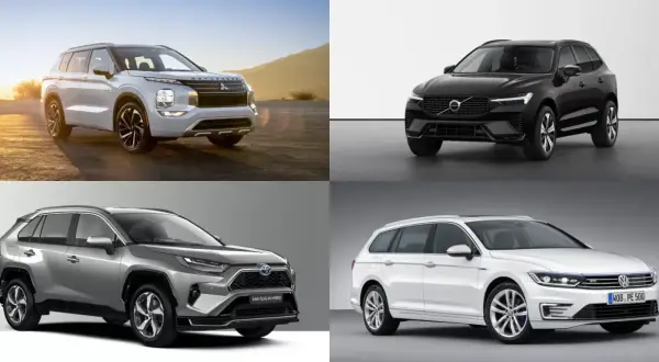 Fyra modeller av bra hybridbilar: Mitsubishi Outlander, Volvo XC60, Toyota RAV4 och Volkswagen Passat.