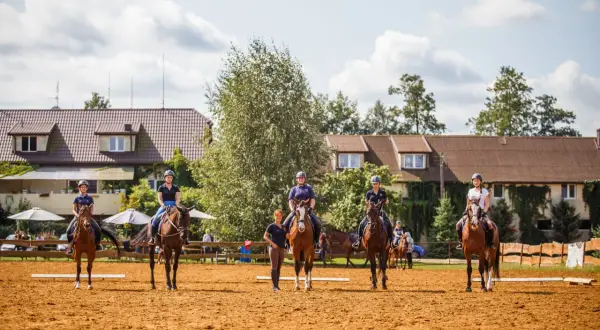 Jeźdźcy na koniach podczas treningu w pony club okrzeszyn.
