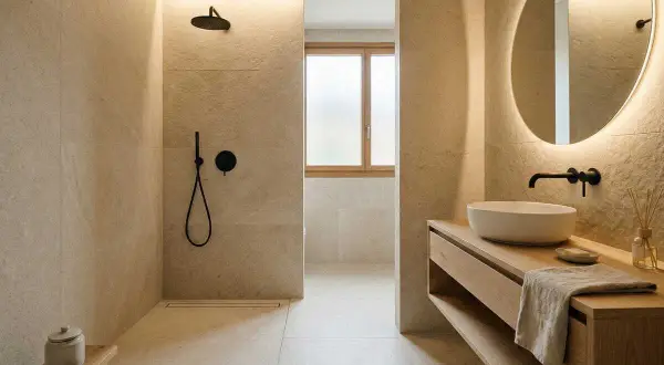 Un baño moderno con ducha empotrada, lavabo sobre mueble de madera y espejo circular iluminado, evocando la serenidad de los baños japoneses.