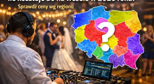 DJ na weselu, para młoda tańczy, mapa Polski z pytajnikiem i kolorowymi regionami.