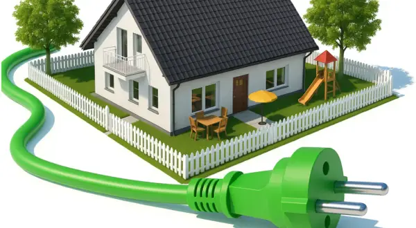Dom z zielonym kablem i wtyczką symbolizującym energię elektryczną.