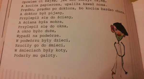 Zabawne rymowanki dla dorosłych o kocie, kocicy i pijanym doktorze. Ilustracja przedstawia doktora z wąsami i fajką.