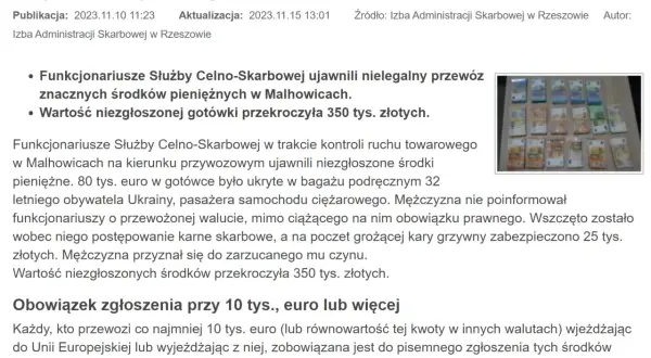 Przewóz 80 tys. euro ukrytych w bagażu. Od 10 tys. euro obowiązuje zgłoszenie.