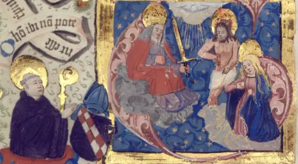 Buchmalerei Mittelalter: Gottvater mit Schwert, Jesus, Maria und ein Mönch mit Bischof.