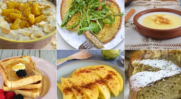 Variedad de recetas para merendar: avena con mango, tostadas francesas, mango en rodajas, pastel de manzana y más.