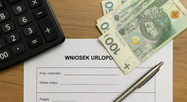Formularz "Wniosek urlopowy" z długopisem, banknotami 100 zł i kalkulatorem. Czy na umowie zlecenie jest urlop? Sprawdź!