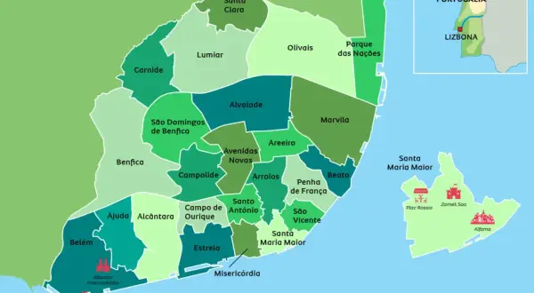 Mapa administracyjna Lizbony, stolicy Portugalii, z zaznaczonymi dzielnicami i zabytkami, jak Klasztor Hieronimitów.
