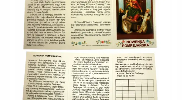 Obrazek z tekstem "nowenna pompejańska część dziękczynna tekst" i wizerunkiem Matki Bożej Różańcowej z Dzieciątkiem.