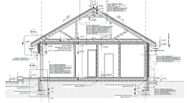 Przekrój budynku z detalami konstrukcyjnymi, uwzględniający uzgodnienie projektu z rzeczoznawcą ppoż.