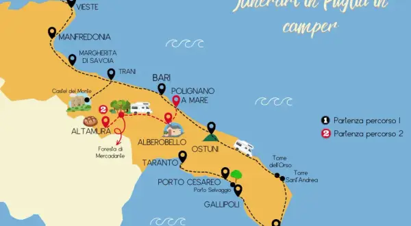 Mappa degli itinerari in camper per visitare la Puglia, con tappe da Peschici a Santa Maria di Leuca.