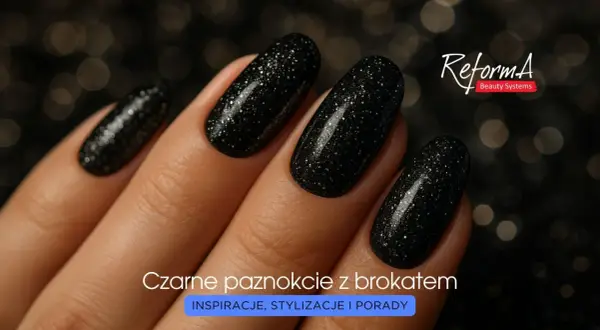 Eleganckie czarne paznokcie z brokatem, idealne na wieczorne wyjście.
