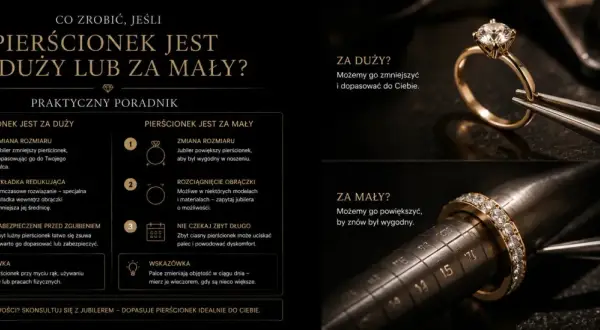 Złoty pierścionek z brylantami na stożku jubilerskim, pokazujący rozmiar 13. Poradnik, jak dopasować pierścionek, gdy jest za duży lub za mały.