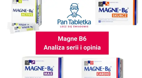 Różne opakowania Magne B6: Active, Skurcz, Max i Cardio. Suplement magnez bez witaminy B6, ale z dodatkami.