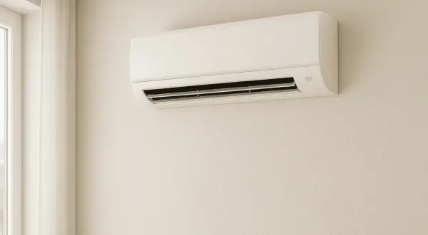 Climatizzatore senza motore, bianco, montato a parete, con tenda chiara e finestra a sinistra.