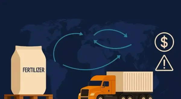 Globalny transport nawozów i jego wpływ na ceny. Symbol dolara i wykrzyknik wskazują na ryzyko.