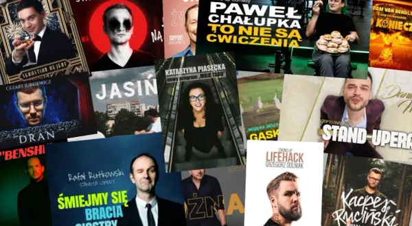 Sebastian Rejent w garniturze, trzymający kieliszek. Kolaż plakatów stand-up comedy.