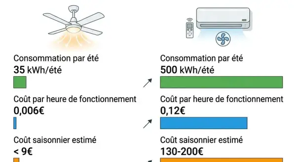 Comparaison de la consommation d'un ventilateur de plafond (35 kWh/été) et d'un climatiseur split (500 kWh/été). Le climatiseur consomme beaucoup plus, même en mode ventilation.