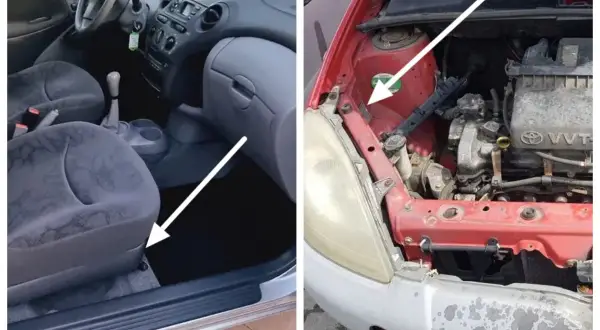 Wnętrze Toyoty i komora silnika. Strzałka wskazuje miejsce z numerem VIN, który pomoże ustalić toyota kod lakieru.