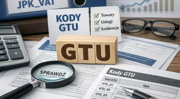 Kody GTU na drewnianych klockach, obok kalkulatora i dokumentów JPK_VAT. Analiza kodów GTU jest kluczowa.