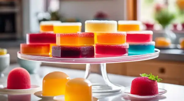 Gourmandises colorées, des gelées aux fruits, certaines en agar agar, présentées sur un plateau.
