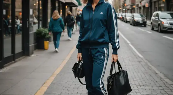 Eleganckie dresy stylizacje na ulicy. Kobieta w granatowym dresie Adidas z białymi paskami, trzymająca dwie czarne torby.