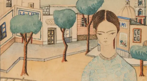 Frida Kahlo's first painting, a watercolor portrait of a young girl in a blue dress, stands before a quaint Mexican town scene with trees and buildings.