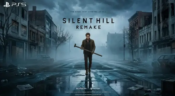 Mroczna ulica w Silent Hill, zniszczone budynki i samochody. W centrum stoi mężczyzna z rurą, zapowiadając Silent Hill 1 remake.