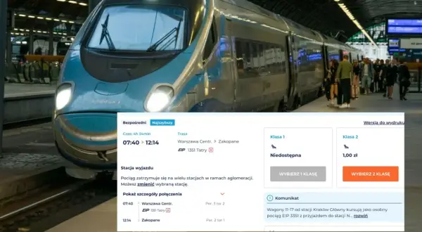 Bilet do Zakopanego z Warszawy kosztuje 1,00 zł w drugiej klasie. Pierwsza klasa jest niedostępna.