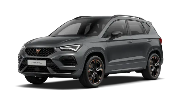 Szary Cupra Ateca, sportowy SUV z charakterystycznym logo i felgami z miedzianymi akcentami, gotowy na każdą drogę.