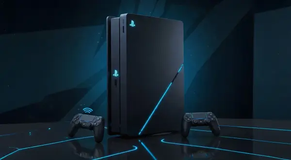 Czarna konsola PlayStation z niebieskimi akcentami i dwoma kontrolerami na ciemnym tle.