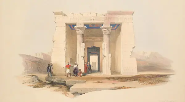 A watercolor painting depicts the ancient Temple of Dendur, with figures in traditional attire gathered near its entrance.