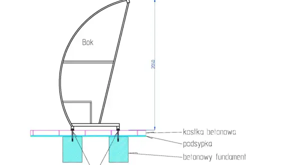 Schematyczny rysunek przedstawia mocowanie wiaty do podłoża za pomocą kotew. Widoczny betonowy fundament, podsypka i kostka betonowa.