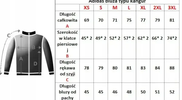 Tabela rozmiarów bluzy Adidas. Jaki rozmiar jest większy L czy M? L jest większy od M, ma 75 cm długości całkowitej i 57 cm szerokości w klatce.