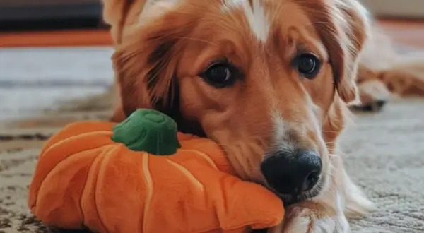 Złoty retriever leży obok pluszowej dyni, zastanawiając się, czy pies może jeść pestki dyni.