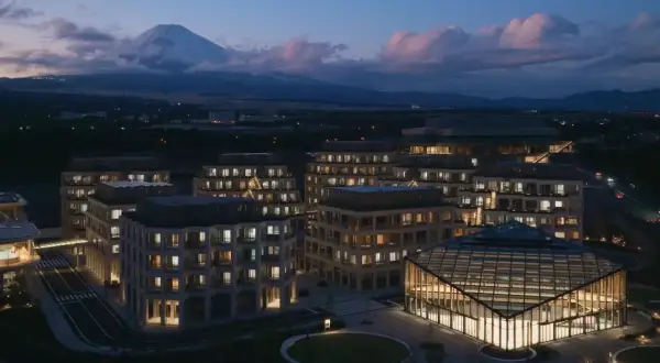 Nowoczesne budynki z oświetlonymi oknami i górą Fudżi w tle o zmierzchu.